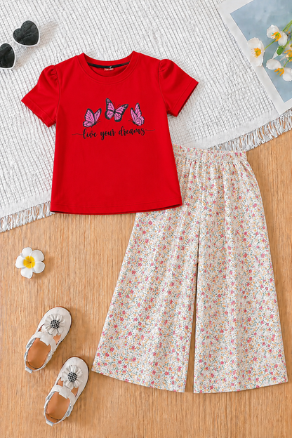 [Live Your Dream] Printed Red Girls T-Shirt &Cotton Flapper