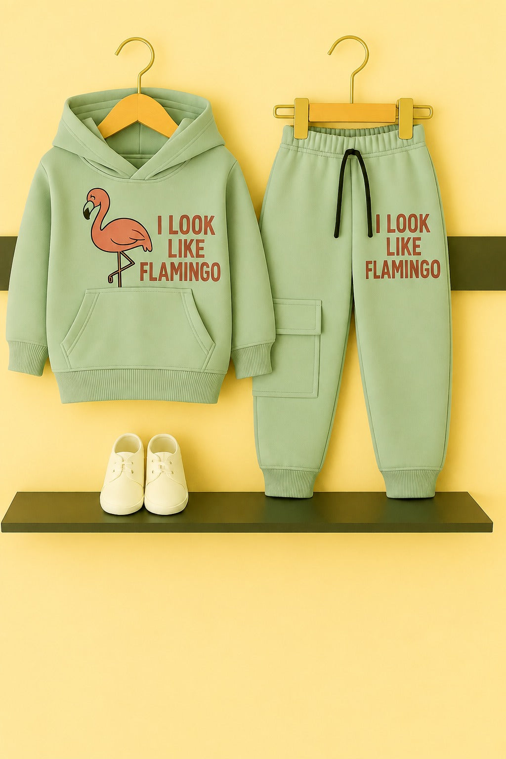 [I Look Like Flamingo] Printed Light Green Fleece  Girls Hoodie Tracksuit 105
