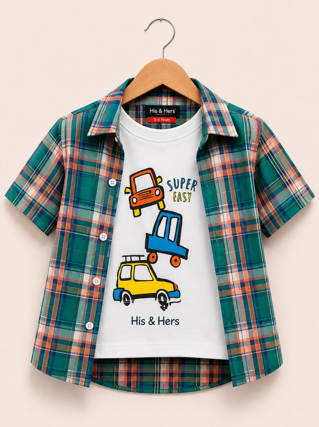 Pink  Checked Cars Printed Boys Layered Casual Shirt
