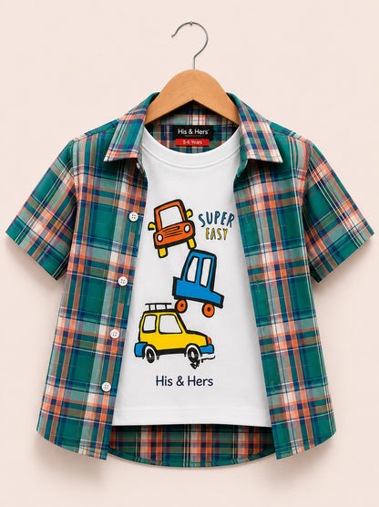 Pink  Checked Cars Printed Boys Layered Casual Shirt