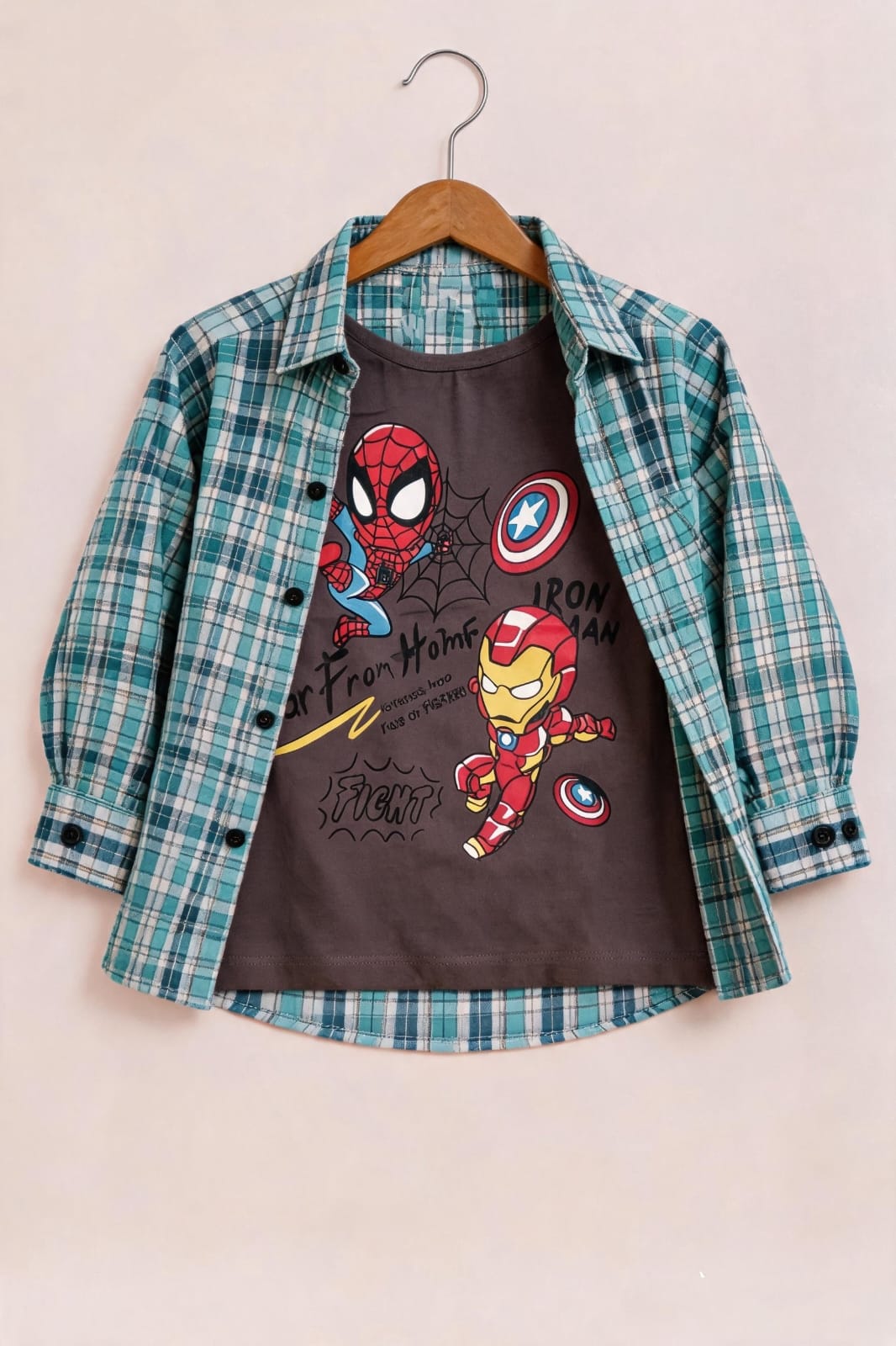 Light Green  Checked Cartoon Printed Layered Casual Shirt