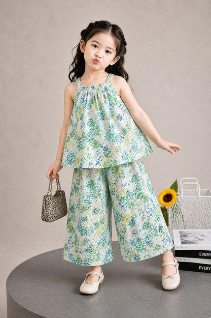 Mint Blossom Printed Light Green  Floral Top & Wide-Leg Pants Set 272