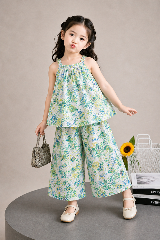 Mint Blossom Printed Light Green  Floral Top & Wide-Leg Pants Set 272
