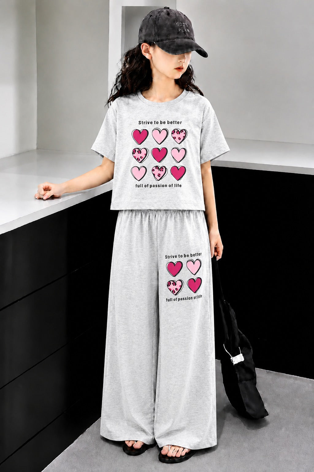 Hearts Printed Grey & White  Half Selves Baggy Track Suit Girls