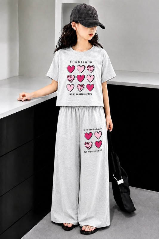 Hearts Printed Grey & White  Half Selves Baggy Track Suit Girls