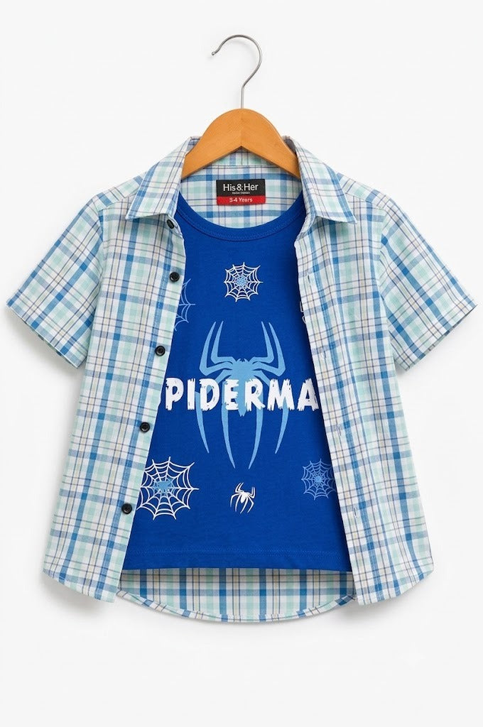 Blue Checked Spider Printed Layered Casual Shirt