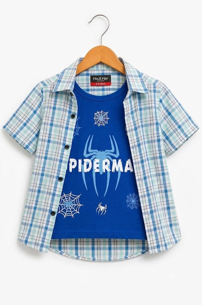 Blue Checked Spider Printed Layered Casual Shirt