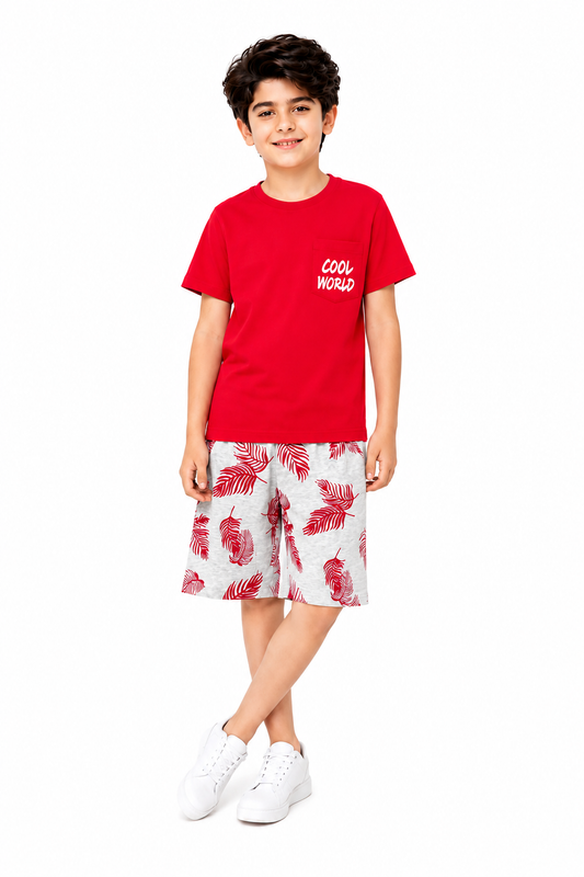 [Cool Word ] Printed Red  Boys Nicker Suit