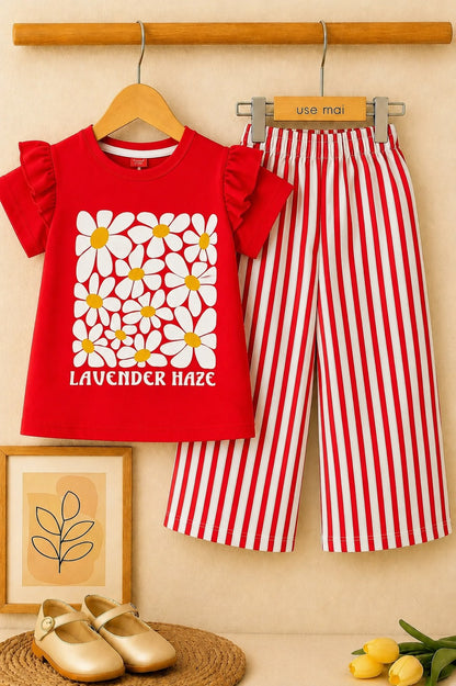[Flowers] Printed Red Girls  T-shirt & Cotton Flapper