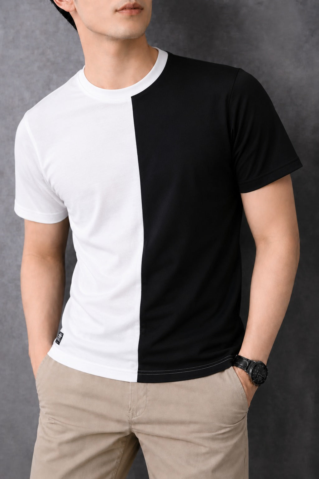 Split  Contrast  Black & White Cotton Jersey Men T-Shirt 806