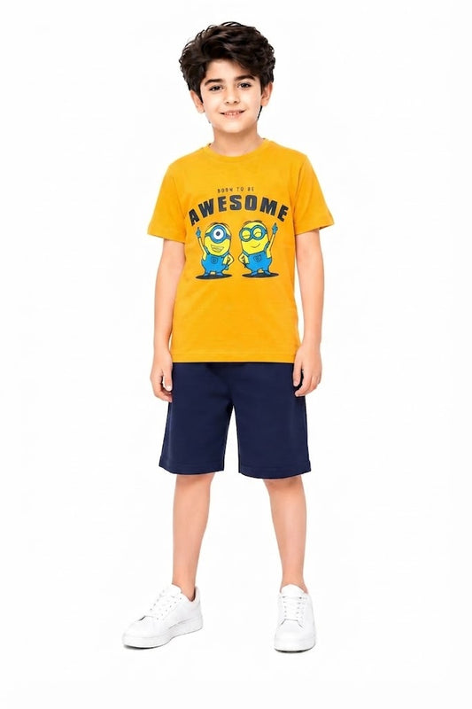 Awesome Vibes Cartoon Printed Yellow Boys Nicker Suit 102
