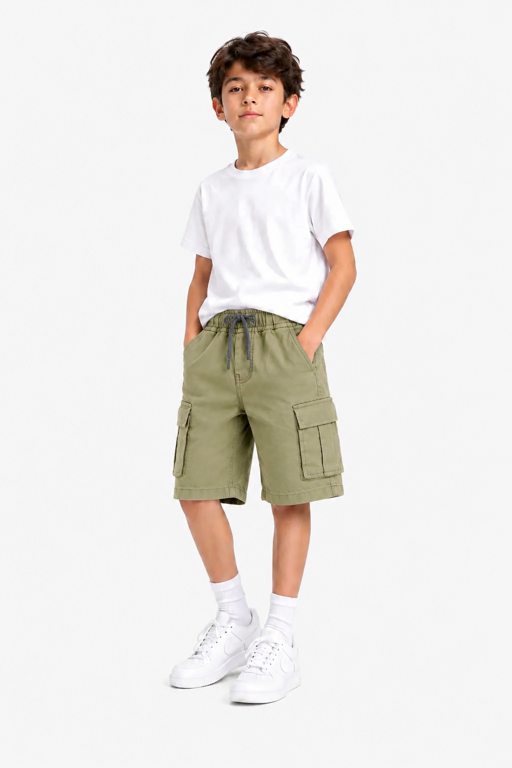 6 Pocket Cargo Soft  Cotton  Boys Shorts -Off- Olive Green Color 438