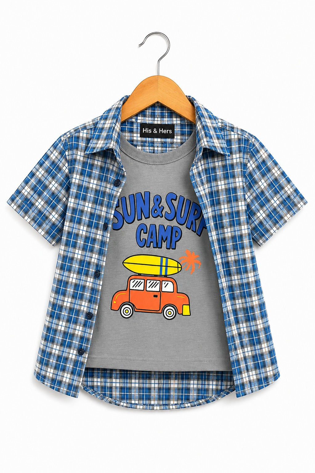 Blue Checked [Sun& Serf ] Printed   Layered Casual Shirt  211