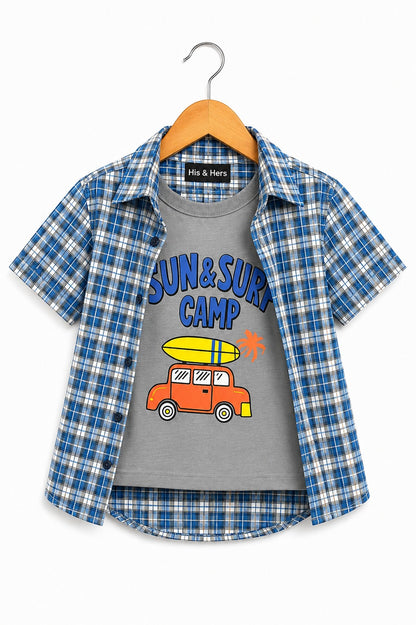 Blue Checked [Sun& Serf ] Printed   Layered Casual Shirt  211