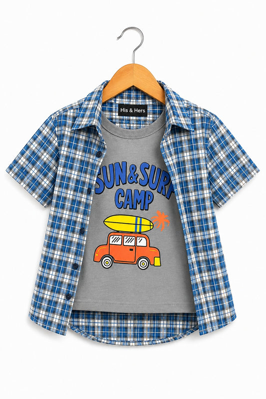 Blue Checked [Sun& Serf ] Printed   Layered Casual Shirt  211