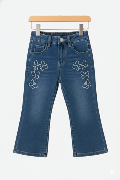 Kids Butterfly Embroidered Denim Bootcut Jeans – Mid Blue 134