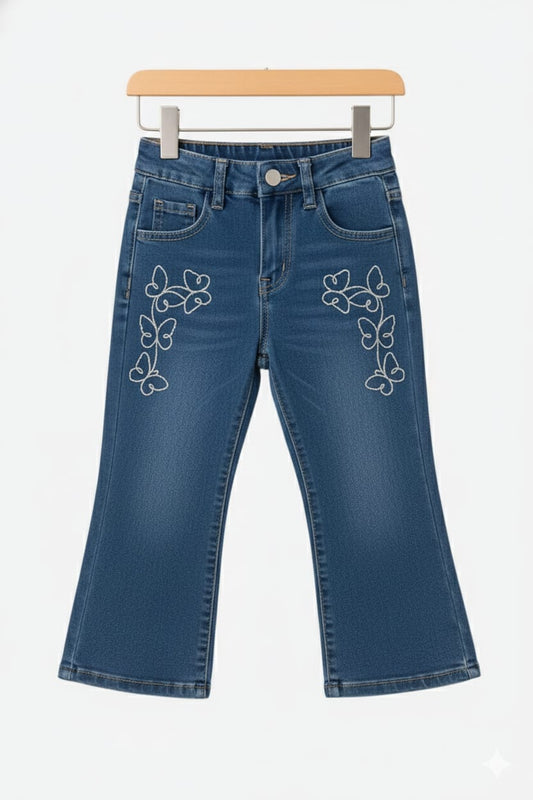 Kids Butterfly Embroidered Denim Bootcut Jeans – Mid Blue 135