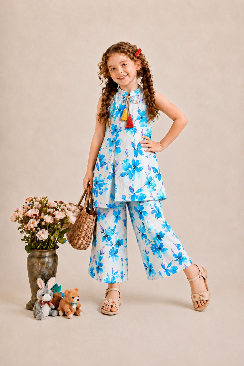 Blue Flowers  Printed with Red & Yellow Emerald Tassel  Soft Lawn Top- Flapper Set 114