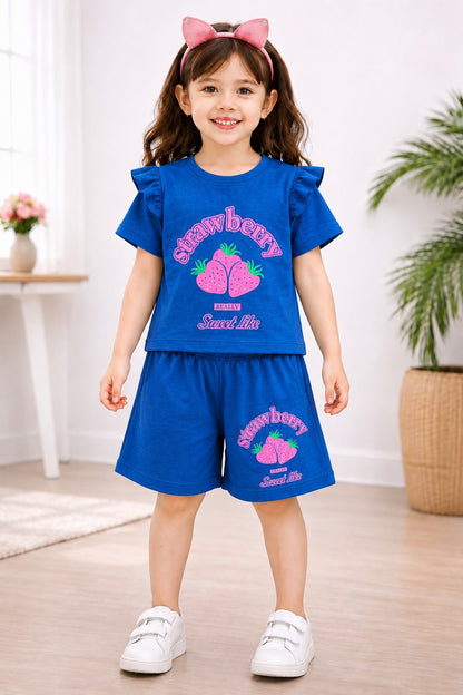Strawberry Printed Royal Blue Girls Nicker Suit