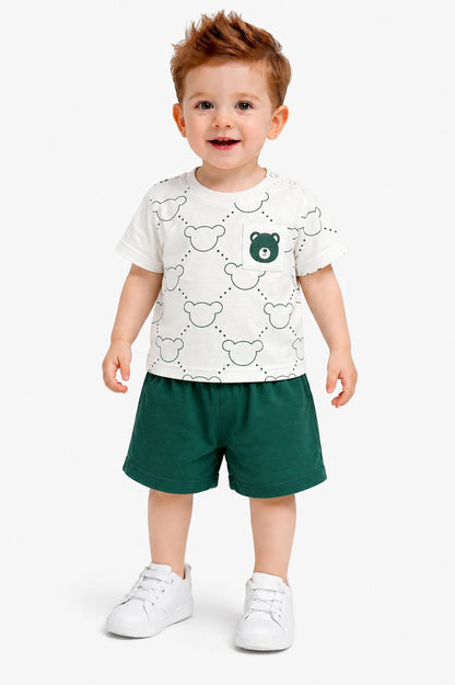 Bear Printed Green & White New Born Nicker Suit
