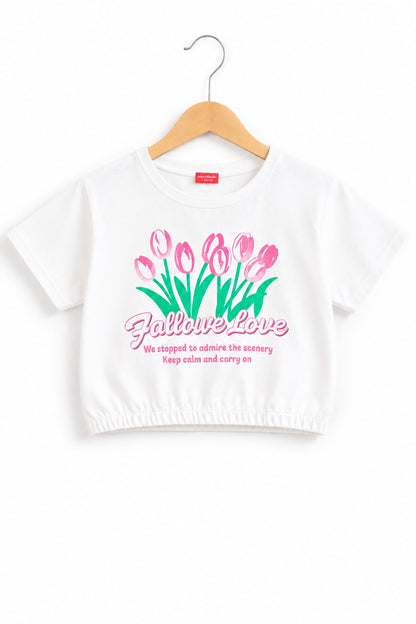 Flowers Printed White Girls T Shirt
