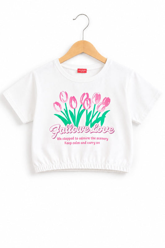 Flowers Printed White Girls T Shirt