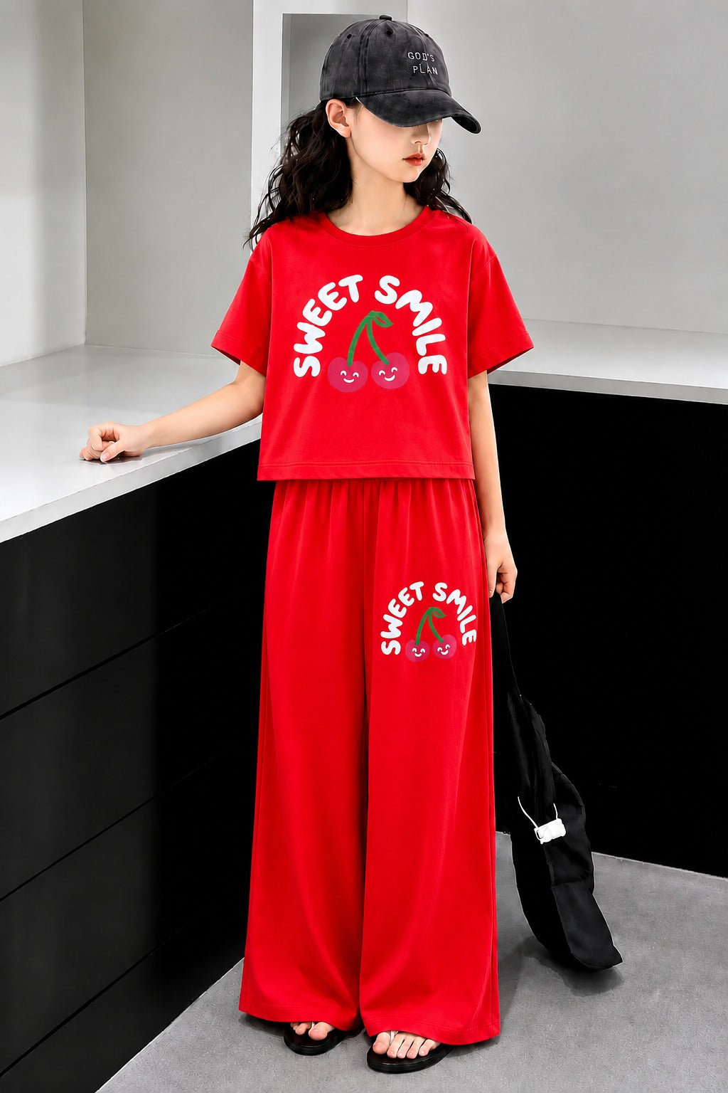 [Sweet Smile ] Printed Red Half Selves Baggy Track Suit Girls