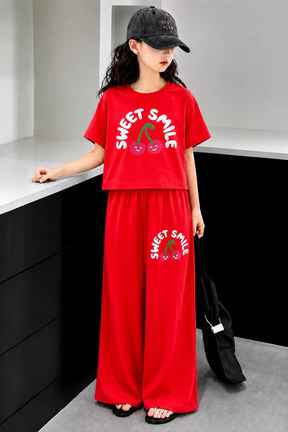 [Sweet Smile ] Printed Red Half Selves Baggy Track Suit Girls