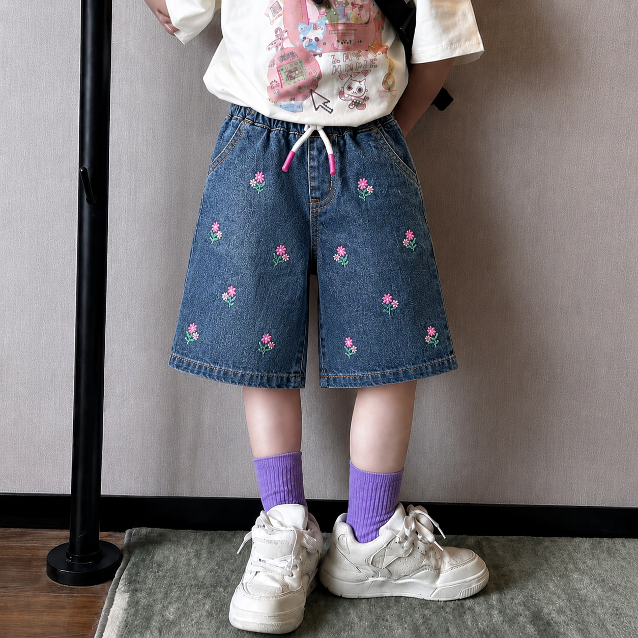 All Over Embroidery Mid  Blue Girls Short