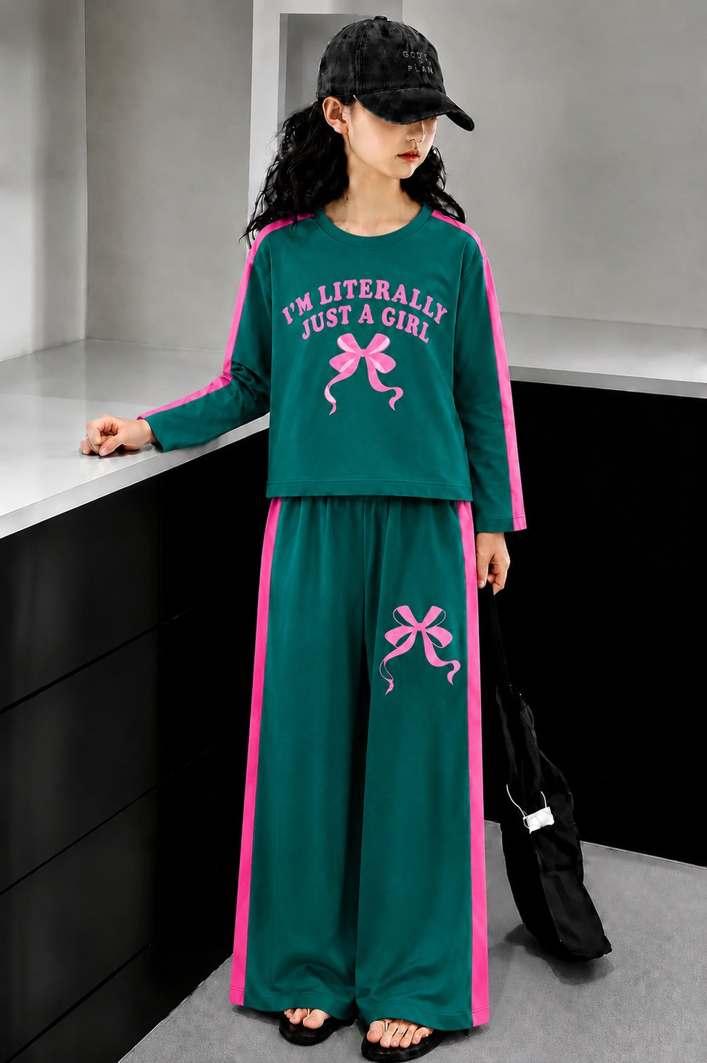 [I Am A Literally Just A Girl ] Printed Green  Full Selves Baggy Track Suit Girls
