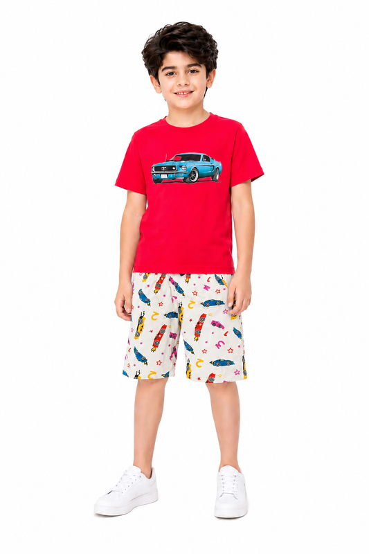 Car Printed Red  Boys Nicker Suit