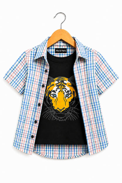 Blue Checked Tiger Printed  Layered Casual Shirt 207
