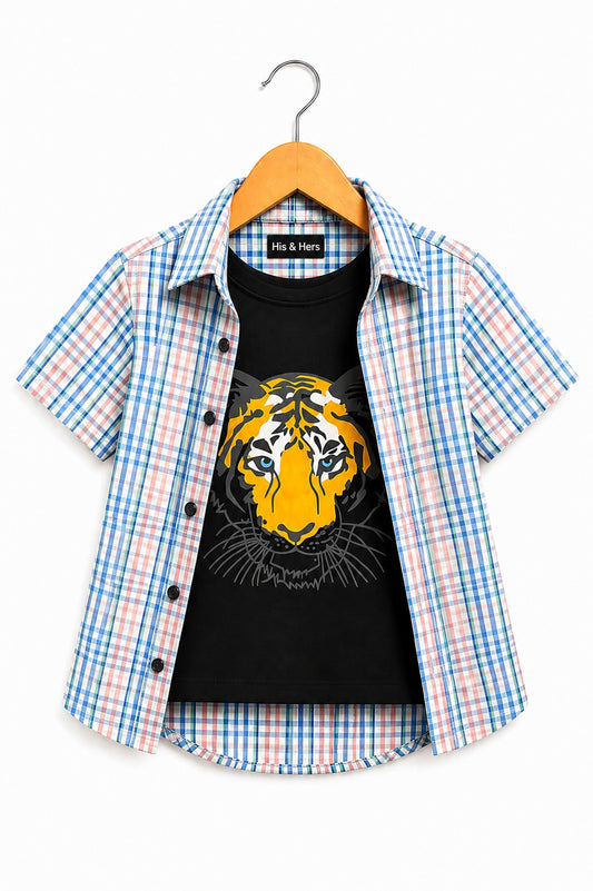Blue Checked Tiger Printed  Layered Casual Shirt 207