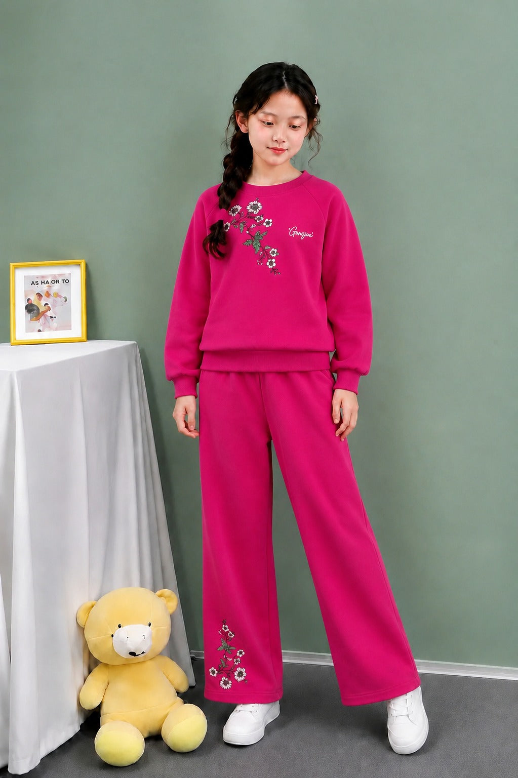 [Flowers ] Printed Dark Pink  Fleece Tracksuit