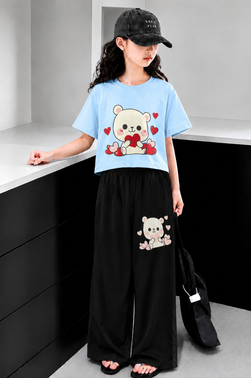 Flowers Printed Sky Blue  Half Selves Baggy Track Suit Girls