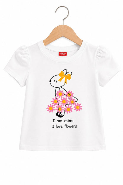 [I Am Mini I Love Flowers] Printed White Girls T Shirt