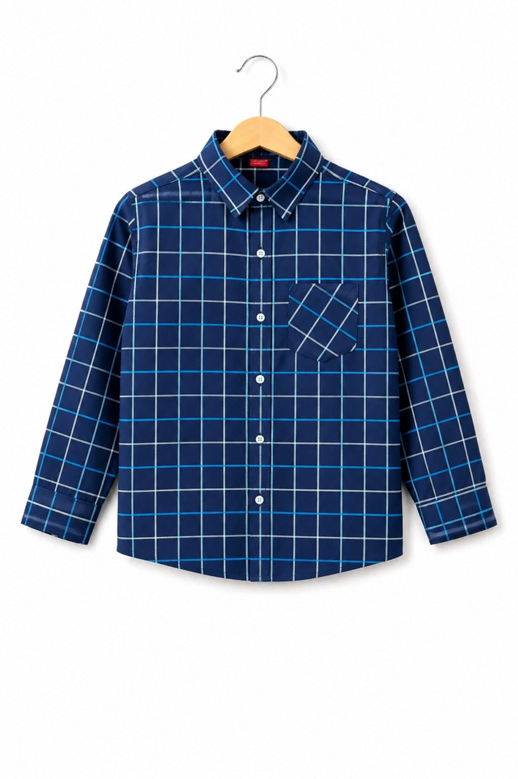 White  Checked Dark Blue  Long Sleeves Casual Shirt