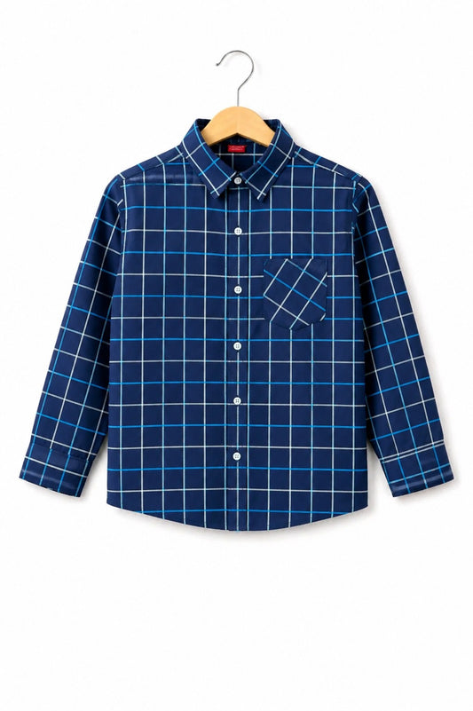 White  Checked Dark Blue  Long Sleeves Casual Shirt