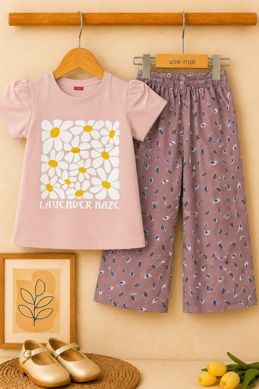 [Flowers ] Peach  Printed Dark Blue Girls  T-shirt & Cotton Flapper