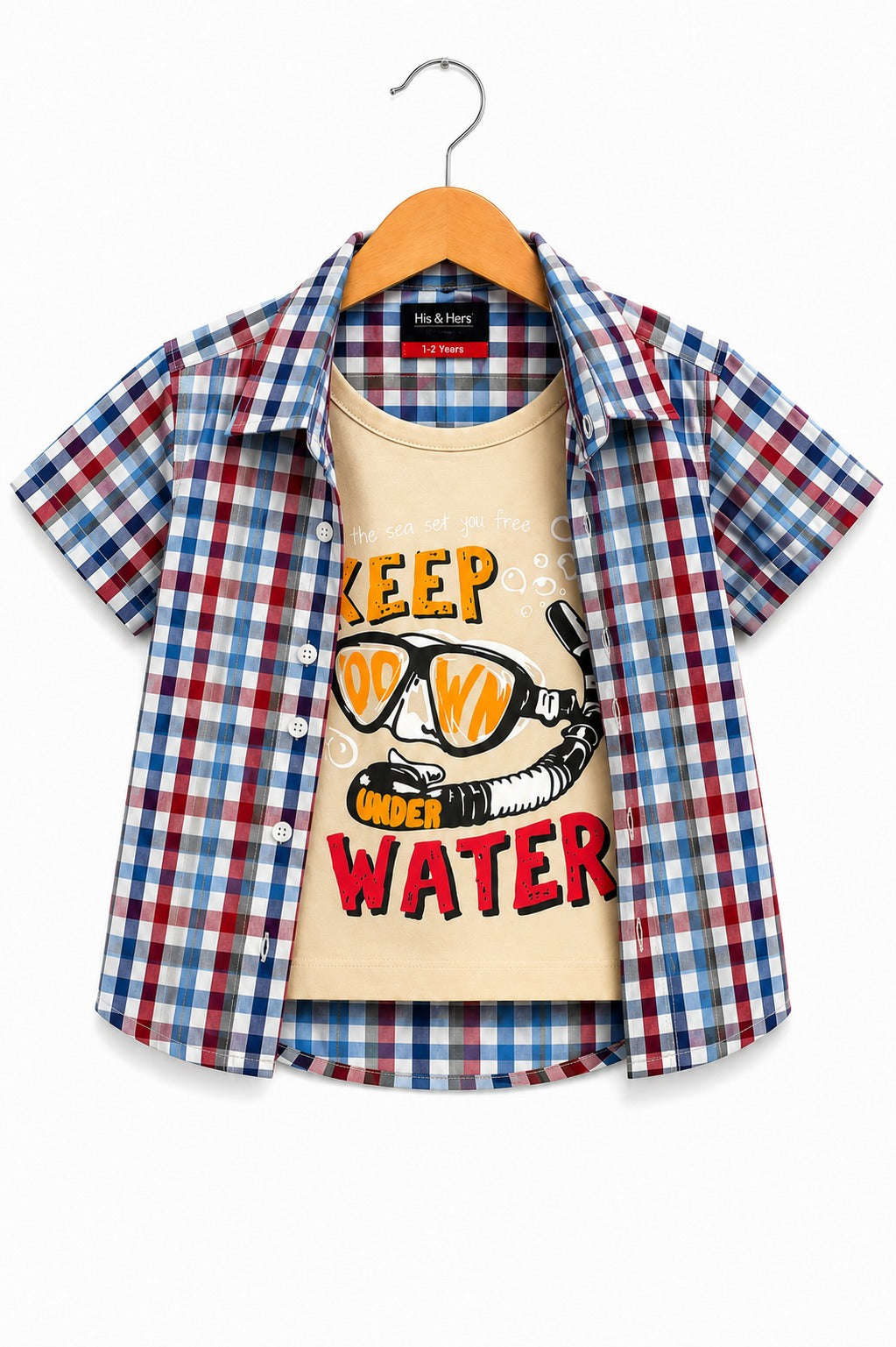 [Keep Water ] Printed Red Checked Layered Casual Shirt