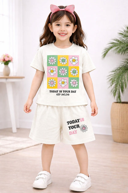 Flowers Printed Off- White Girls Nicker Suit 306