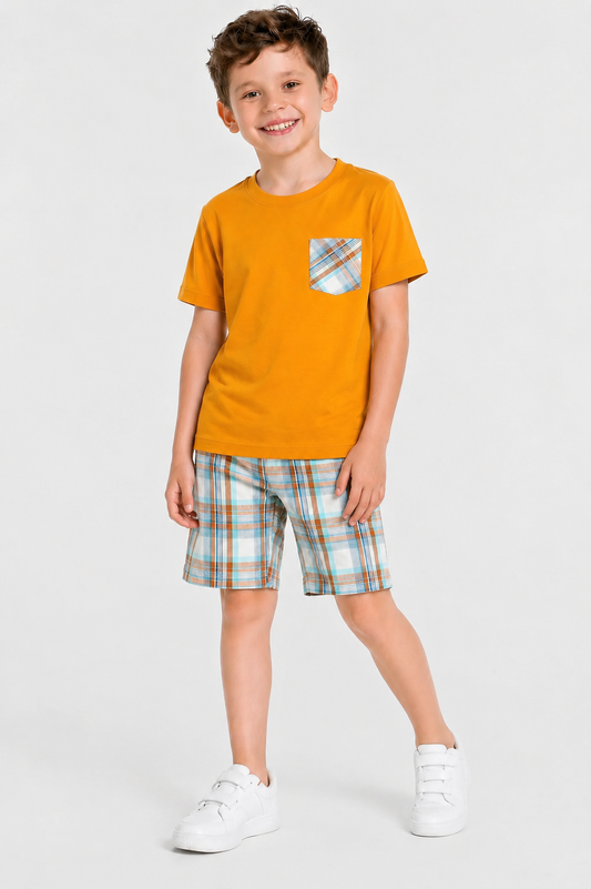 Mustard Check Pocket  Cotton Boys Nicker Suit 508