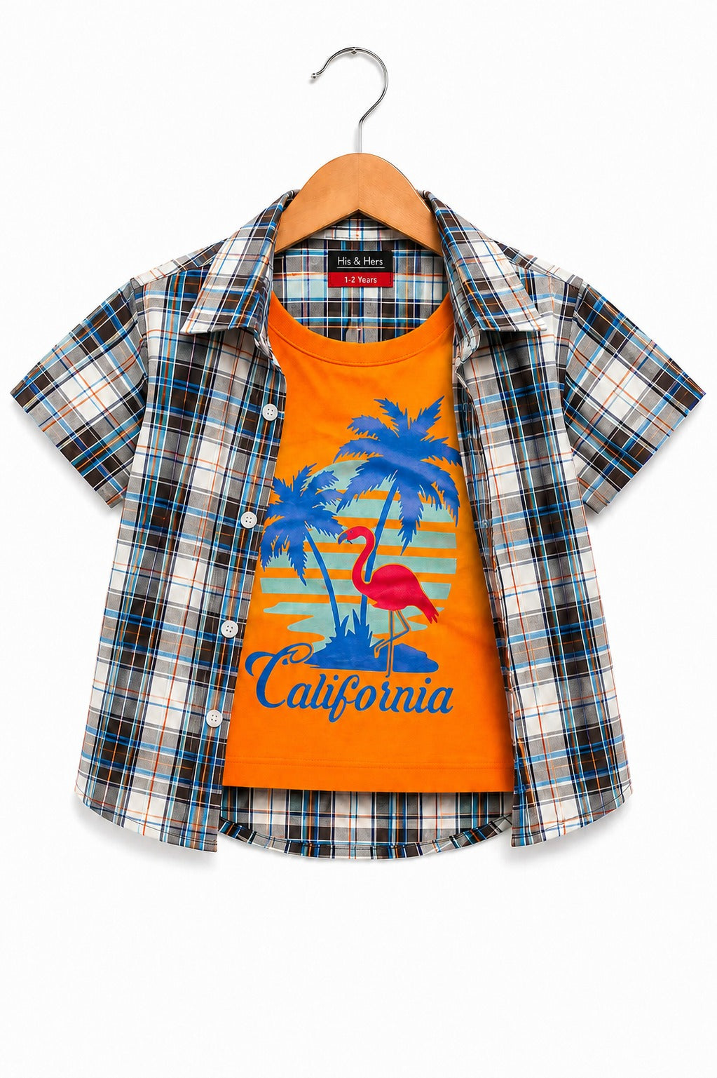 California Printed Blue& Orange Checked Layered Casual Shirt