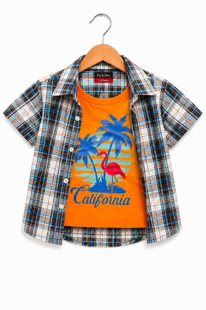 California Printed Blue& Orange Checked Layered Casual Shirt