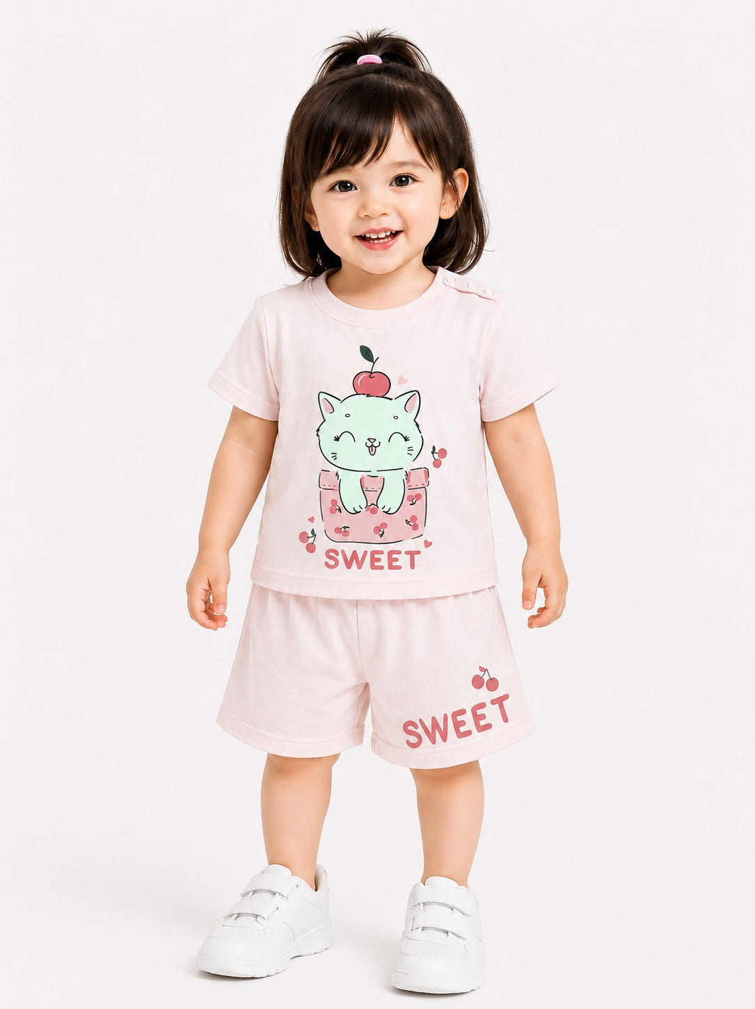Sweet Printed Light Pink Girls Nicker Suit