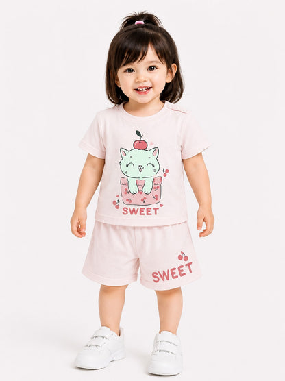 Sweet Printed Light Pink Girls Nicker Suit