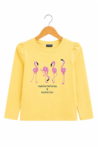 Flamingo Printed Lemon  Yellow Girls Full Selves Shirt 901