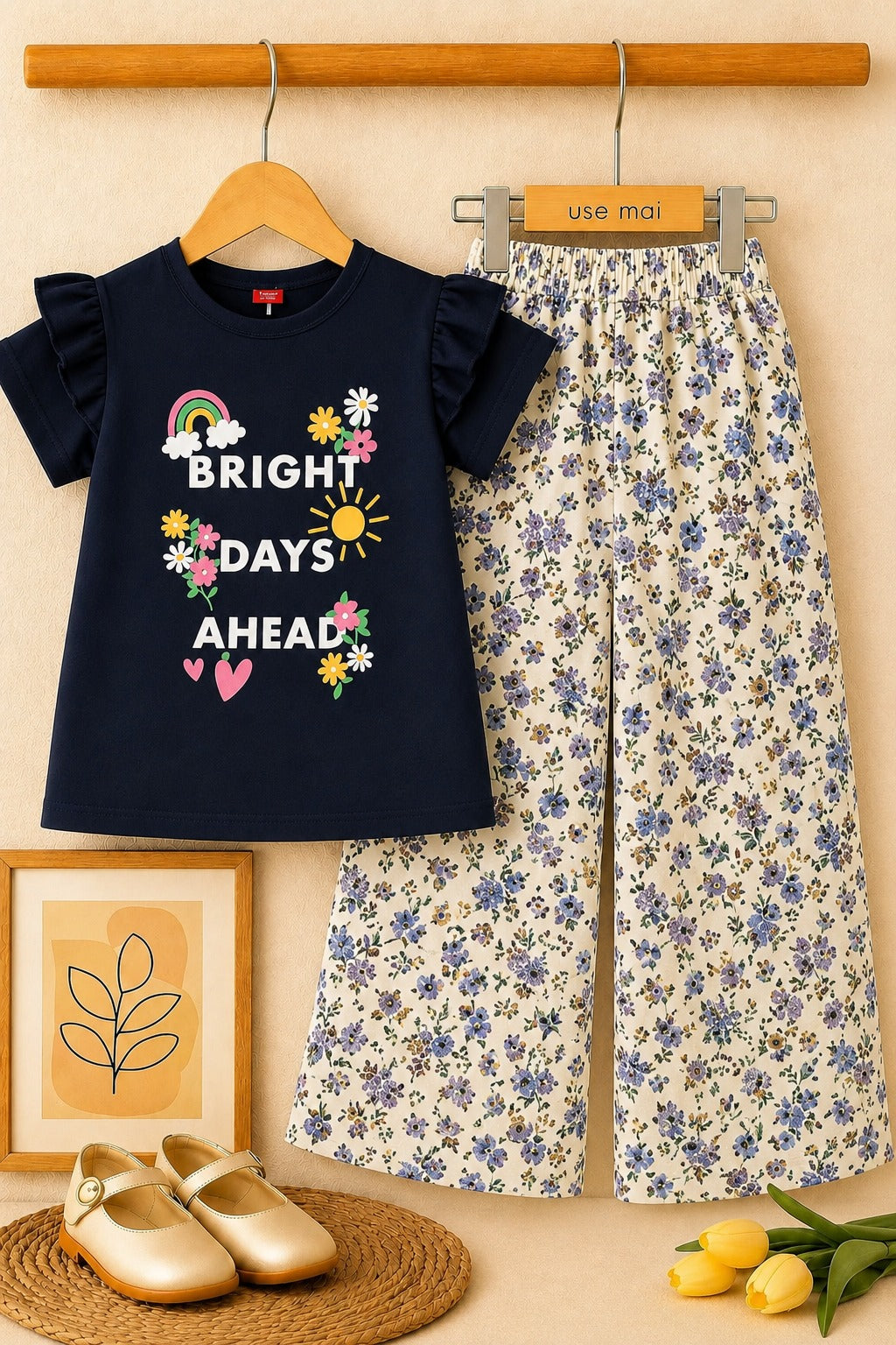 [Bright Days AHead] Printed Navy Girls T-Shirt &Cotton Flapper