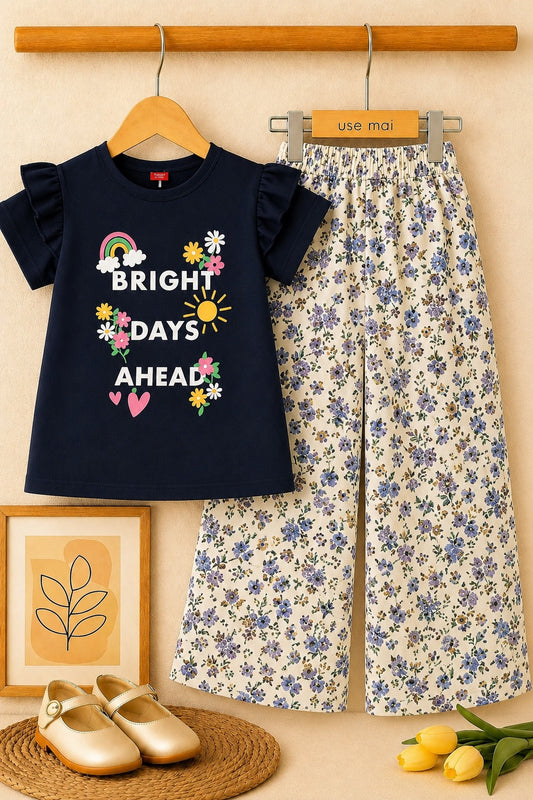 [Bright Days AHead] Printed Navy Girls T-Shirt &Cotton Flapper