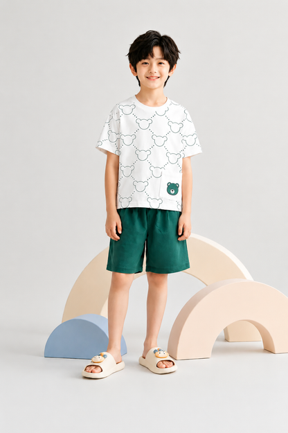 14 August Small Bears Printed  White & Green Cotton Boys Nicker